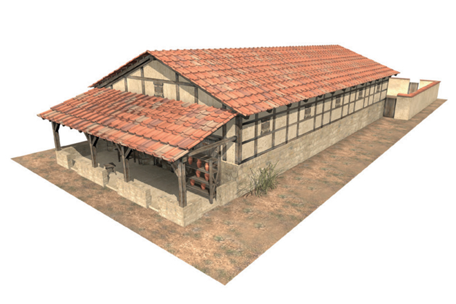 Reconstrucción de una casa típica en los asentamientos y ciudades en las provincias del noroeste del Imperio Romano. Ver de.wikipedia.org  Streifenhaus)